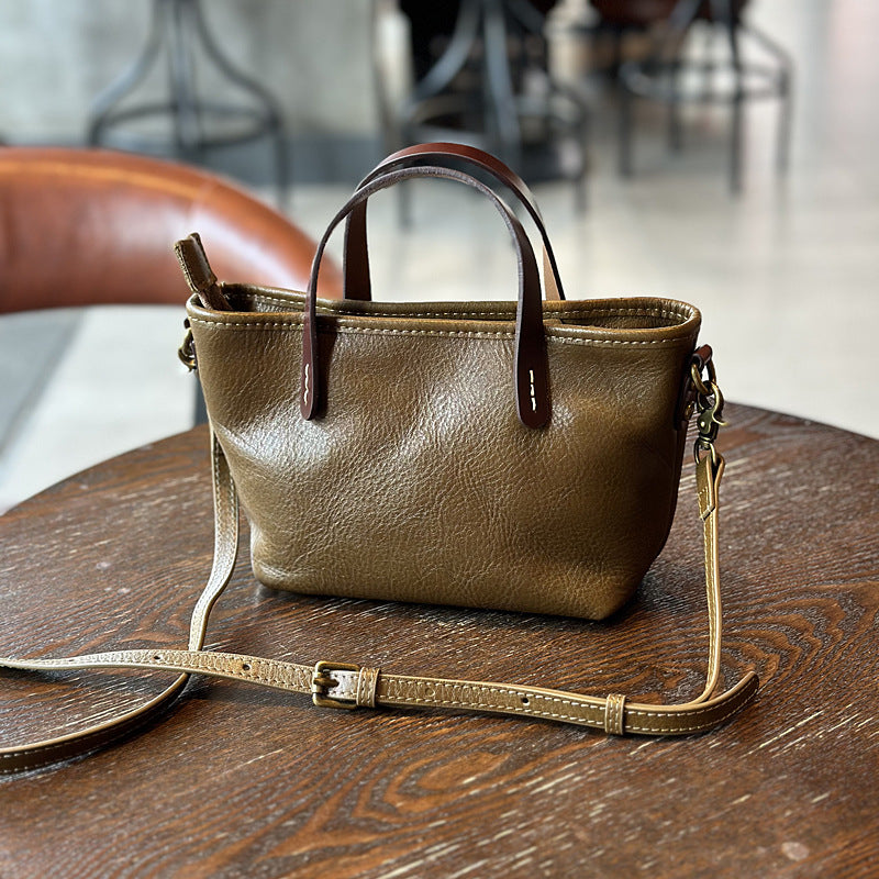 Vegetable-Tanned Leather Mini Phone Crossbody Bag, Color Block Top Handle Shoulder Purse, Versatile Handbag for Women