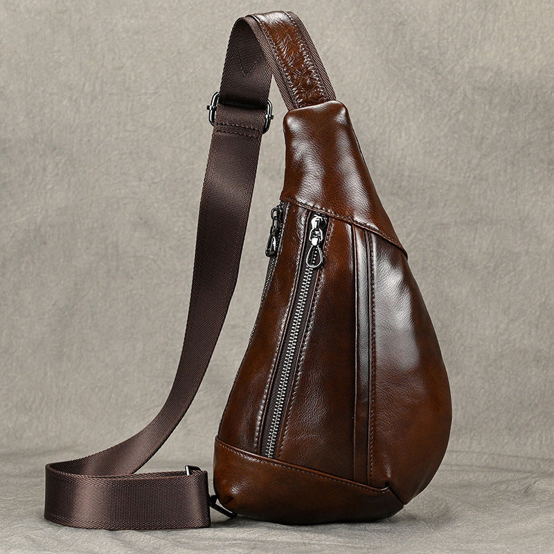 Creative Fashion Black Chest Bag in Top Layer Cowhide, Crossbody Shoulder Pouch, Outdoor Casual Bag for Men