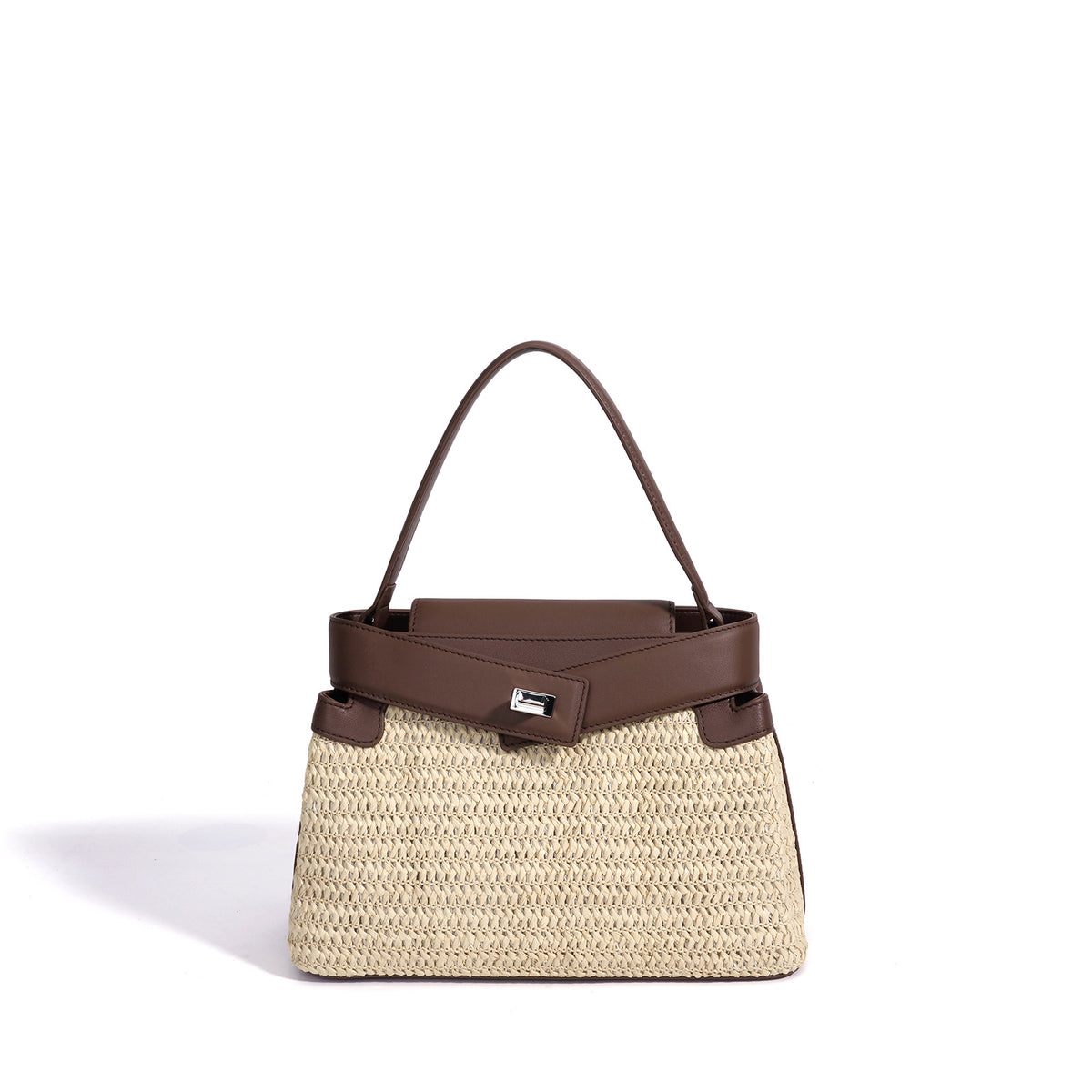 Resort Style Straw Woven Leather Patchwork Bag, Niche Design Shoulder Crossbody Top Handle Purse, Premium Handbag for Women