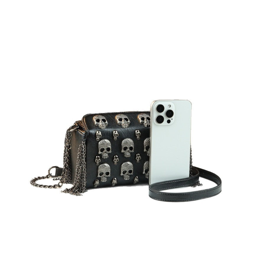 Halloween Metal Skull Mini Square Bag for Women Chain Shoulder Crossbody Purse, Quirky Fun Handbag with Edgy Halloween Style