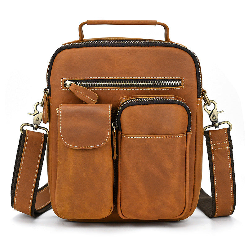 Crazy Horse Leather Vertical Crossbody Shoulder Bag, Top Layer Cowhide Outdoor Pouch with Top Handle for Men