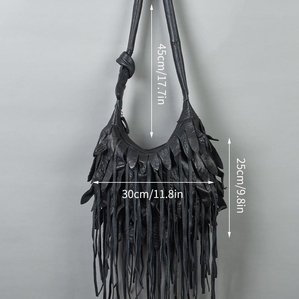 Genuine Sheepskin Leather Black Striped Fringe Hobo Bag for Women, New Arrival Soft Casual Shoulder Crossbody Purse, Stylish Designer Handbag