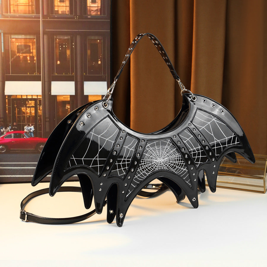 Mirror Bat Wing Bag for Women Halloween Skull Rivet Handbag, Gothic Mirror Metallic Shoulder Crossbody Purse with Unique Bat-Shaped Silhouette