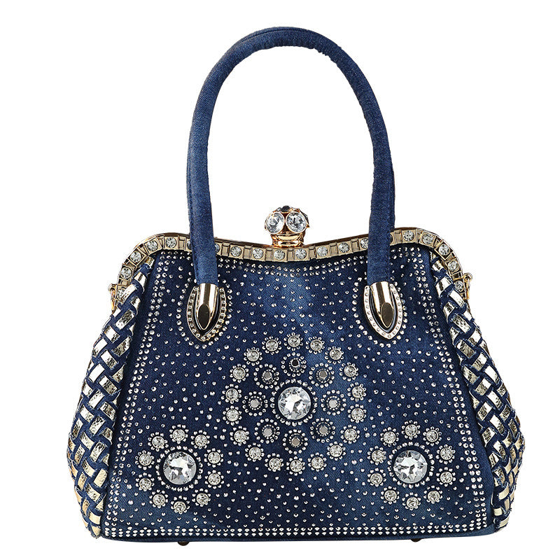 New Arrival Denim Rhinestone-Embellished Commuter Bag for Women, A Large Capacity Shoulder Crossbody Clutch with Trendy Fashionable Design