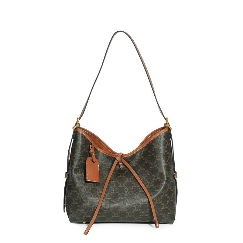 Genuine Leather Vintage Monogram Print Arch Style Tote Bag for Women Large Capacity Shoulder Underarm Shopper Work Commuter