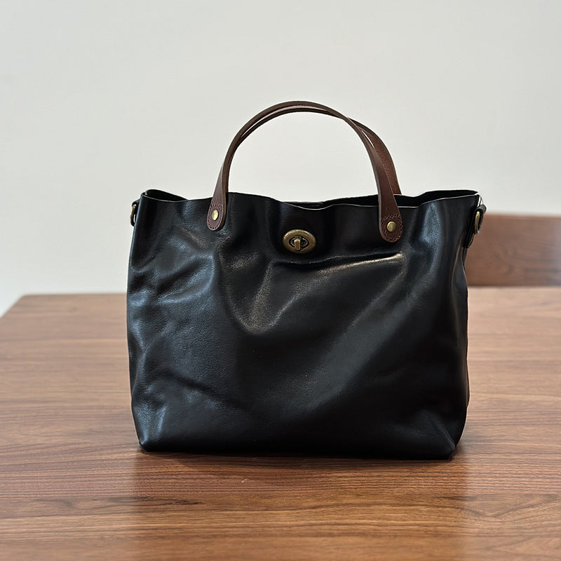 Genuine Vegetable-Tanned Cowhide Bag for Women, New Spring Summer Top Handle Shoulder Crossbody Purse, Vintage Lock Buckle Handbag for Ladies