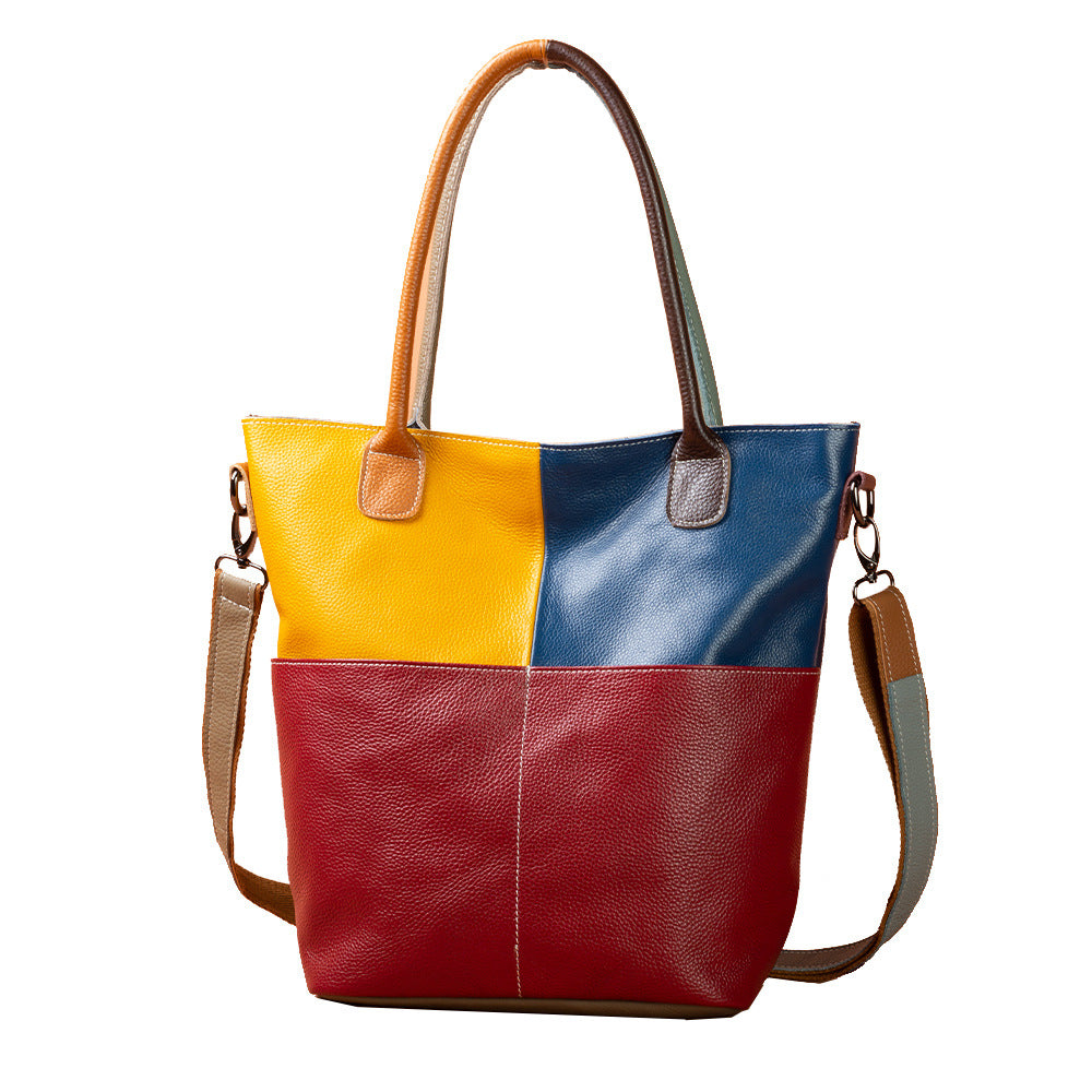 Genuine Cowhide Vintage Color Block Patchwork Tote Bag for Women, New Arrival Top Handle Shoulder Crossbody Handbag, Versatile Casual Purse for Ladies