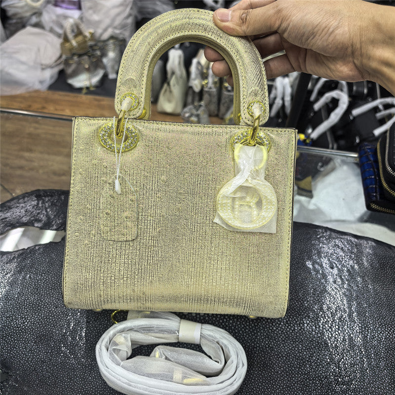 Genuine Gold Ostrich Leather Tote Bag for Women Large Capacity Shoulder Crossbody Handbag, Diamond Buckle Purse with Luxurious Texture