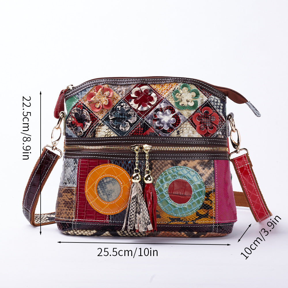Snakeskin Colorful Tassel Floral Genuine Leather Bag, Unique Underarm Shoulder Crossbody Purse, Versatile Handbag for Women