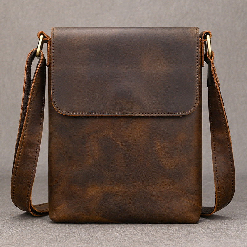 Crazy Horse Leather Small Phone Crossbody Shoulder Bag, Square Travel Sling Pouch with Belt Waist Pack for Men