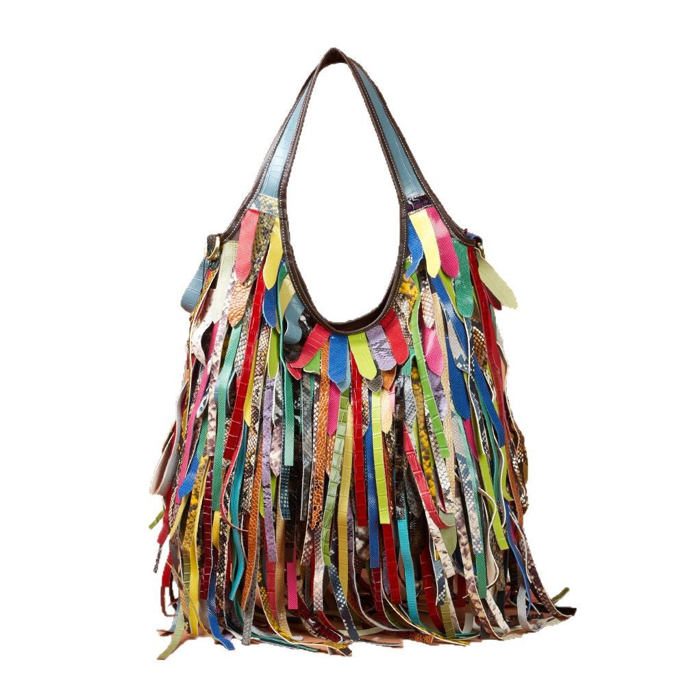 Genuine Leather Colorful Tassel Hobo Bag for Women, New Arrival Large Capacity Shoulder Crossbody Purse, Unique Designer Handbag for Ladies