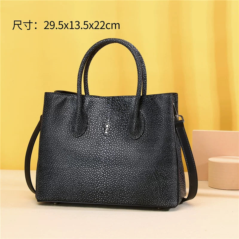 Genuine Leather Pearl Fish Grain Tote Bag for Women Large Capacity Garden Shoulder Handbag, Starry Textured Purse for Banquet & Everyday Style