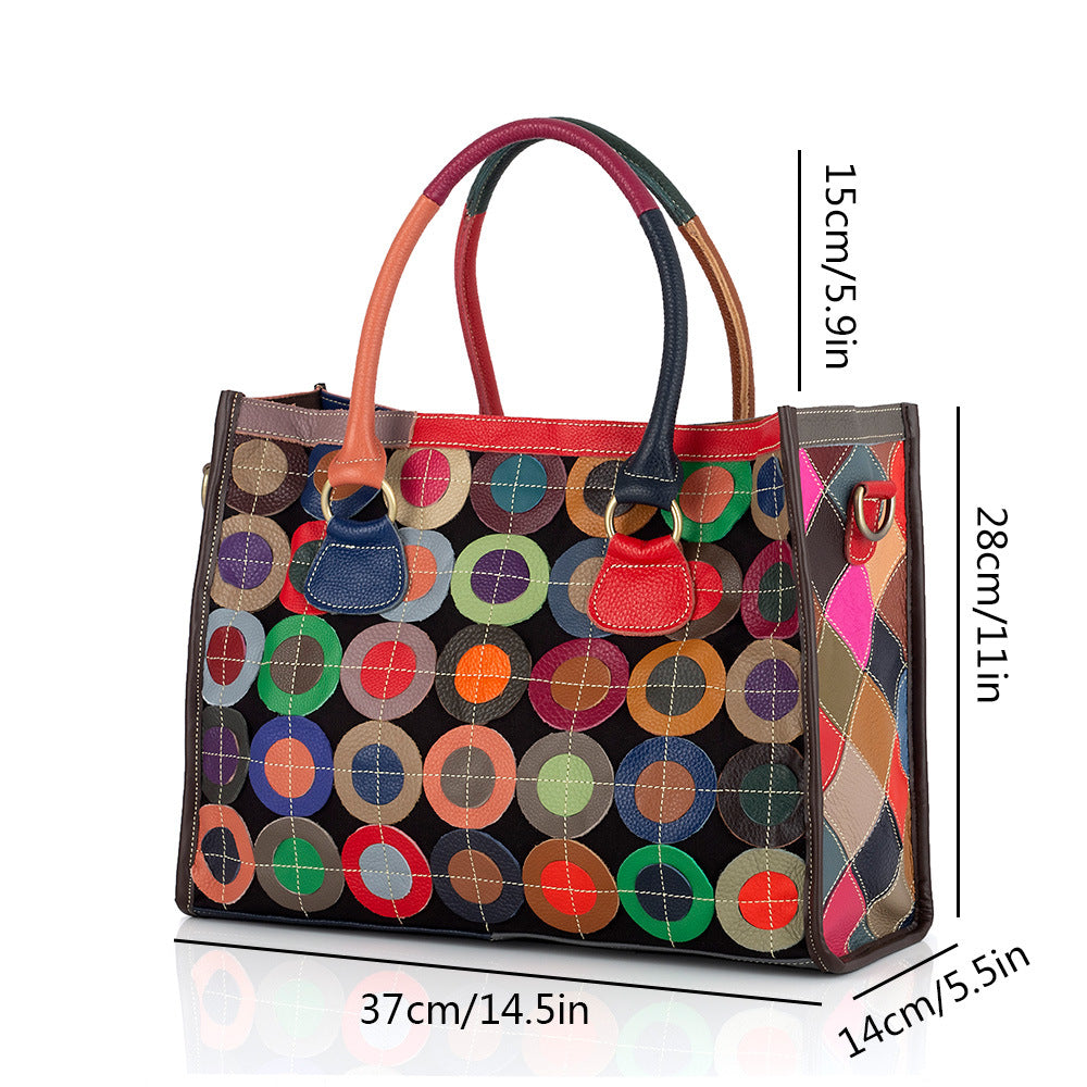 Genuine Leather Women's Tote Bag, Ethnic Style Colorful Contrast Color Design, Large Capacity Top Handle Handbag for Women