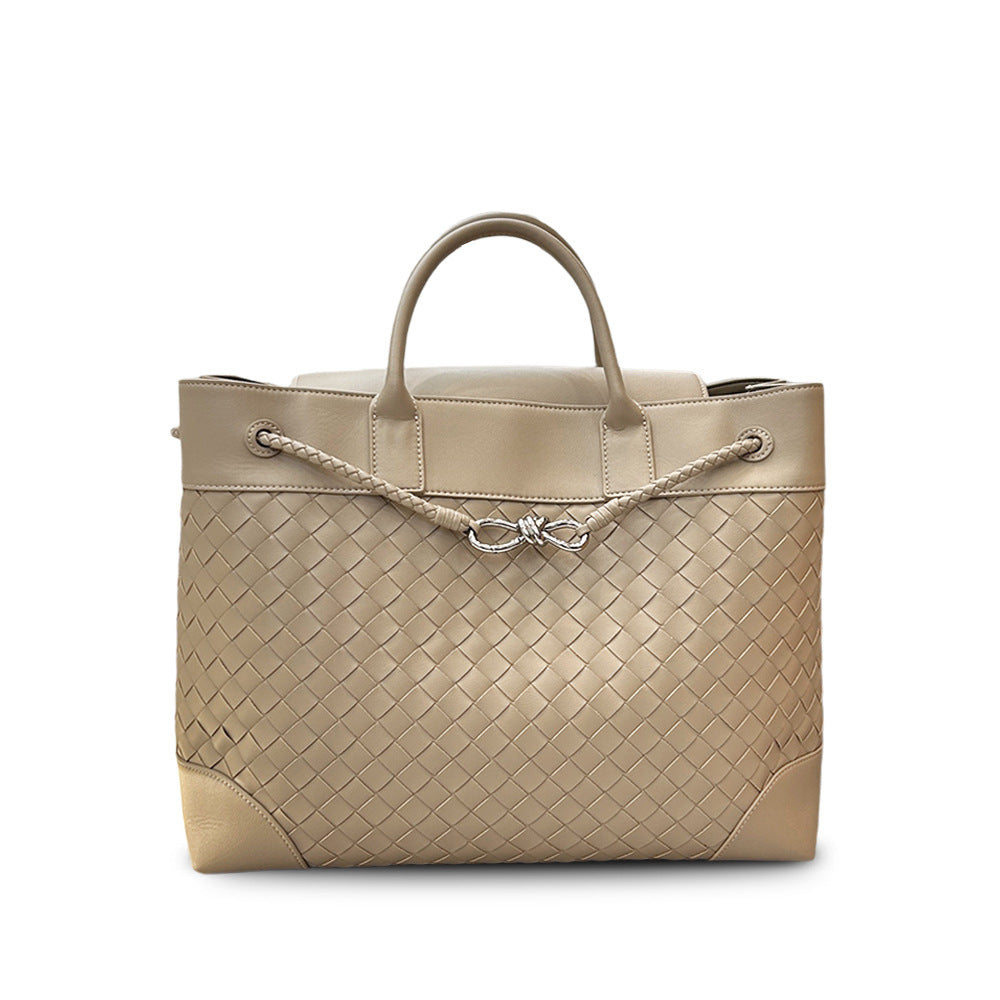 Cowhide Woven Large Tote with Silver Butterfly Buckle, Unisex Shoulder & Crossbody Bag