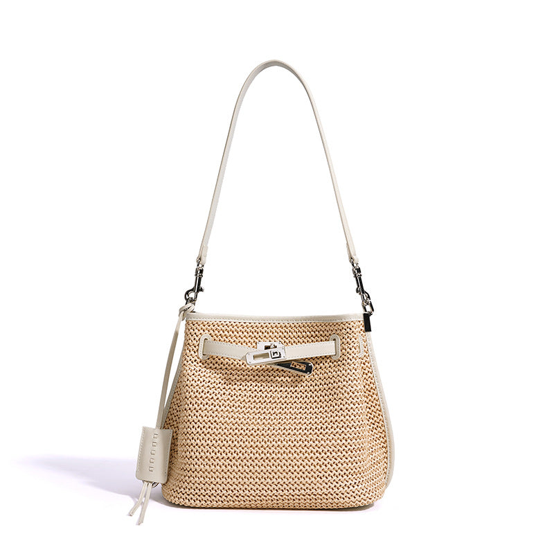 Woven Beach Bucket Bag for Women, New Summer Vacation Slouchy Shoulder Crossbody Top Handle Purse, Versatile Casual Handbag for Ladies