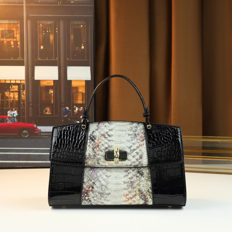 Snakeskin Gradient Boston Bag for Women Light Luxury Shoulder Crossbody Handbag, Color-Block Purse with Exotic Textured Finish
