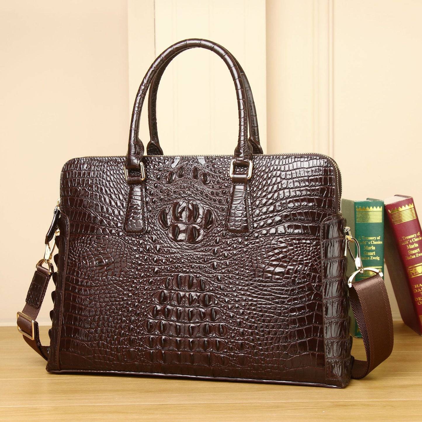 New Arrival Croc-Effect Double-Zip Business Briefcase for Men, A High-End Top-Handle Bag with Light Luxury Sophisticated Design, Perfect for Work & Travel