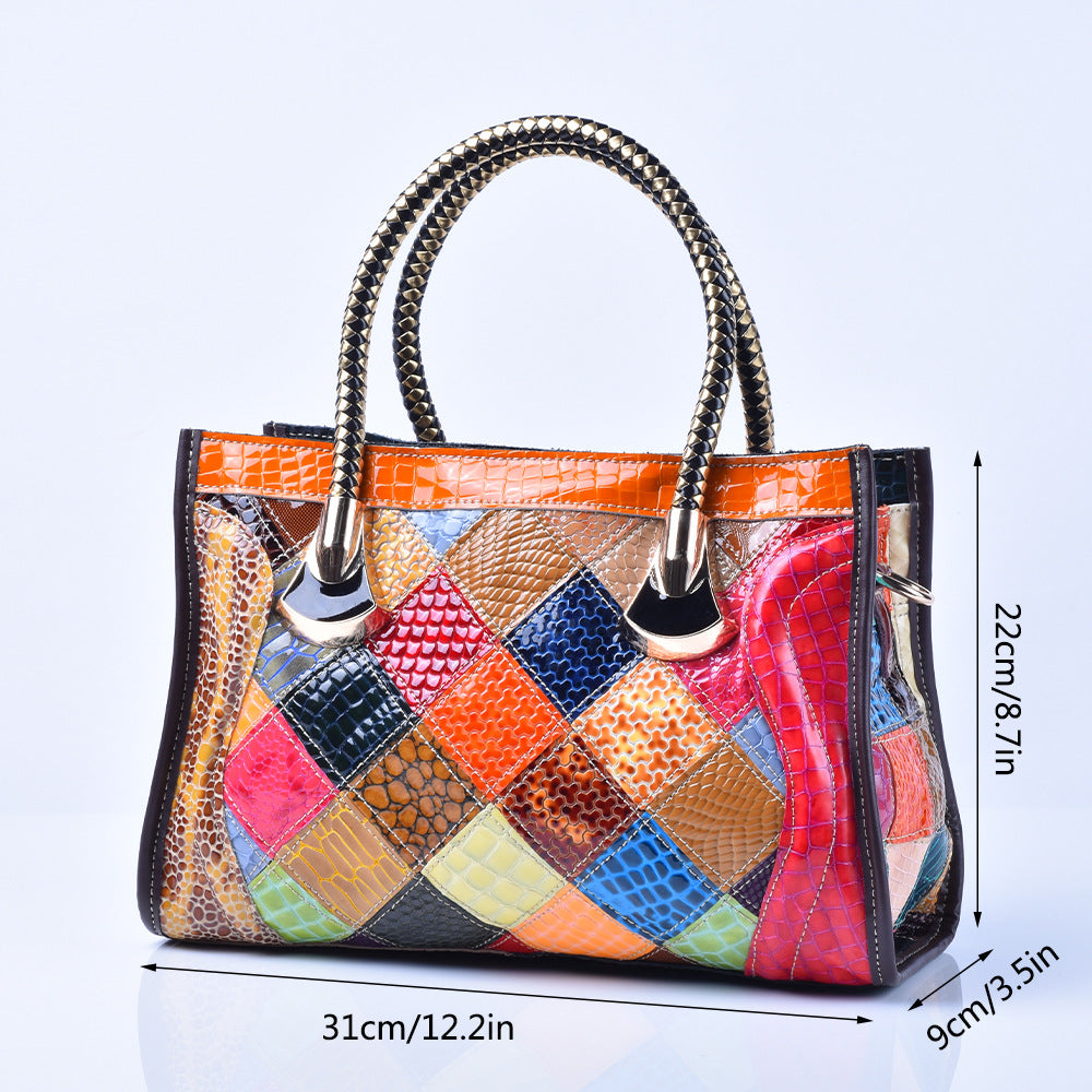 Snakeskin Patent Leather Color Block Bag, Trendy Shoulder Crossbody Purse, Cool Chic Handbag for Women