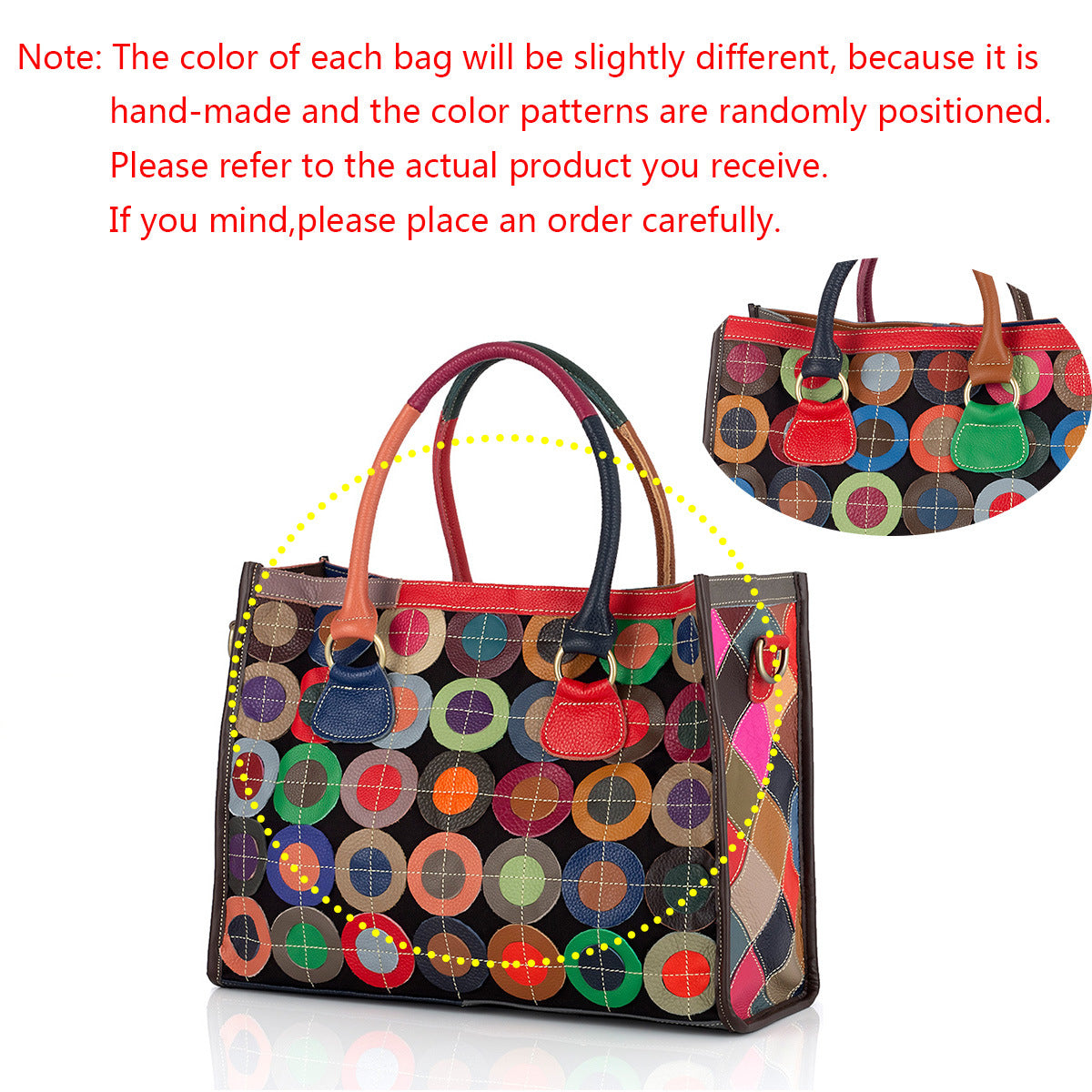 Premium Genuine Cowhide Leather Multi-Color Circular Patchwork Bag for Women | New Casual Color-Block Top-Handle Shoulder Handbag with Unique Artistic Design | Trendy Versatile Purse for Work, Errands, Travel & Everyday Chic | Statement Accessory wit