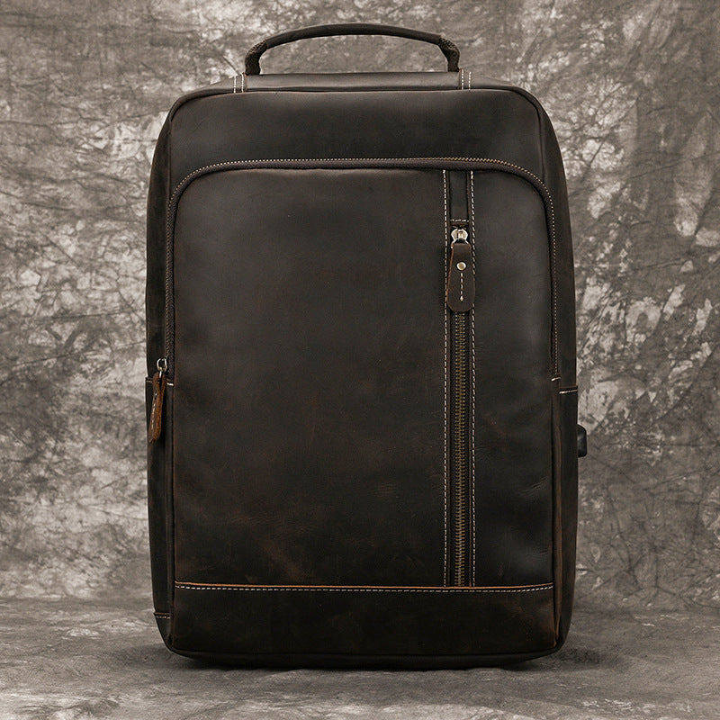 Genuine Top Layer Cowhide 15-Inch Laptop Backpack for Men, Commute Work School Daypack, Premium Leather Computer Bag for Gentlemen