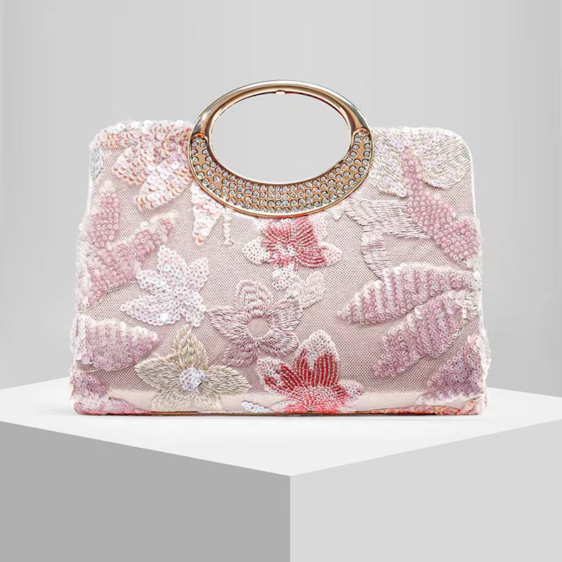 Pearl Embroidered Evening Clutch for Women, Fashionable Formal Gown Wedding Purse, Random Pattern Design Handbag for Ladies