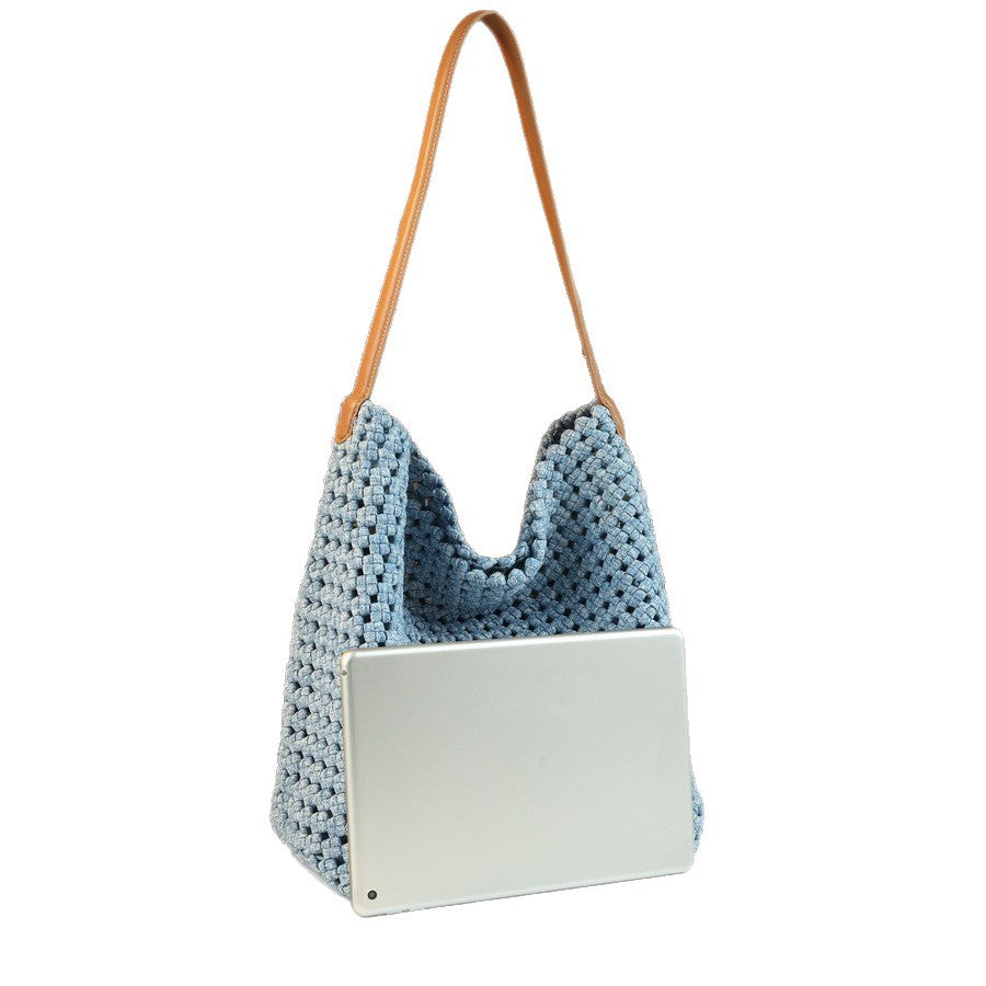 Handwoven Nylon Bucket Bag Set for Women Large Capacity Hollow Knit Sub-Bag, Casual Versatile Underarm Shoulder Purse with 2-in-1 Design