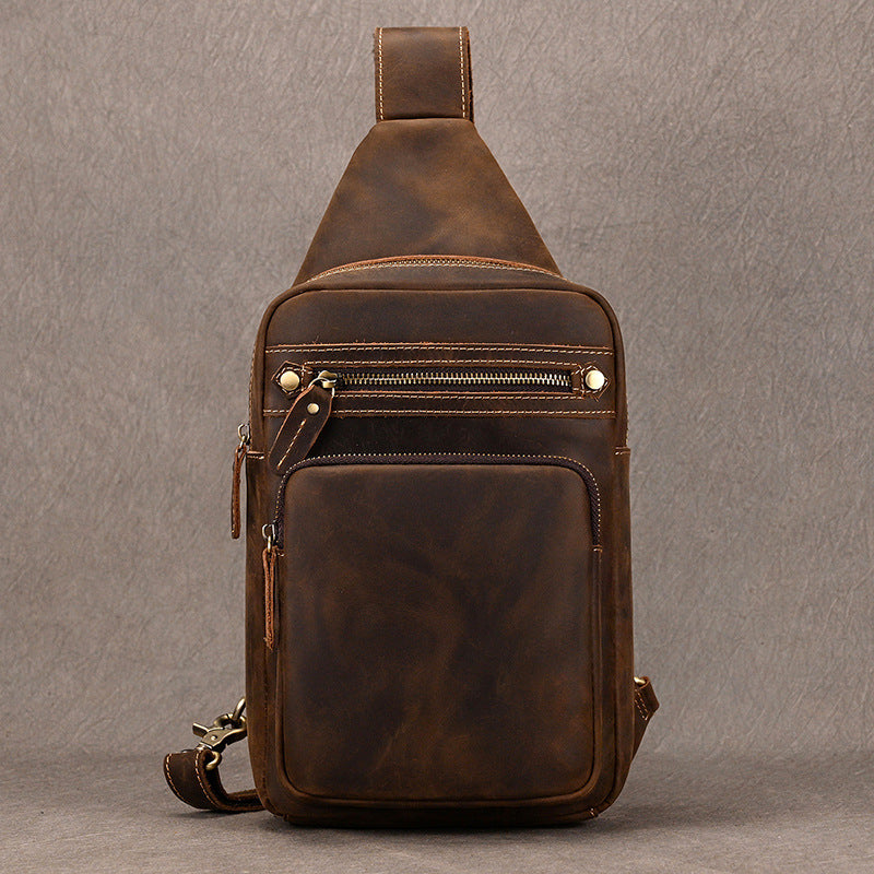 Large Capacity Crazy Horse Leather Chest Bag, Casual Crossbody Shoulder Pouch, Cowhide Bag Fits iPad for Men