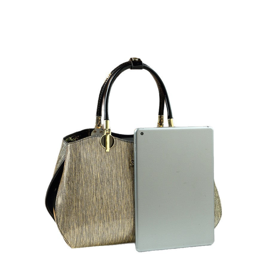 Gold-Tone Patent Leather Boston Bag for Women Large Capacity Shoulder Handbag, Vintage Luxurious Purse with Glossy Metallic Finish for Moms