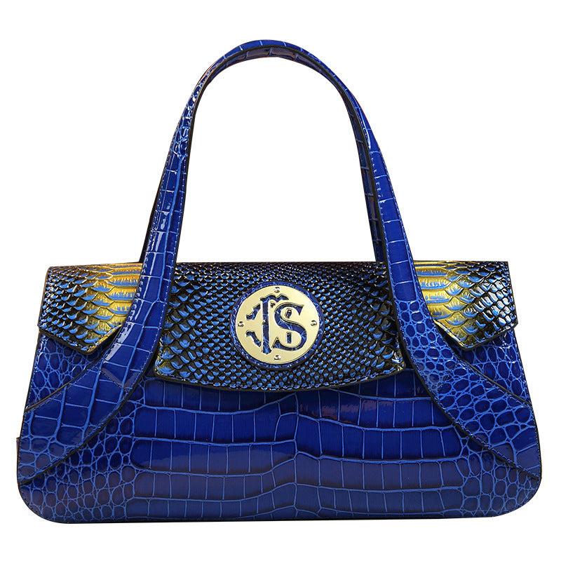 Chic Large Capacity Blue Croc-Effect Boston Bag for Women, A Trendy Top-Handle Shoulder Crossbody Handbag with Spacious Design 6070