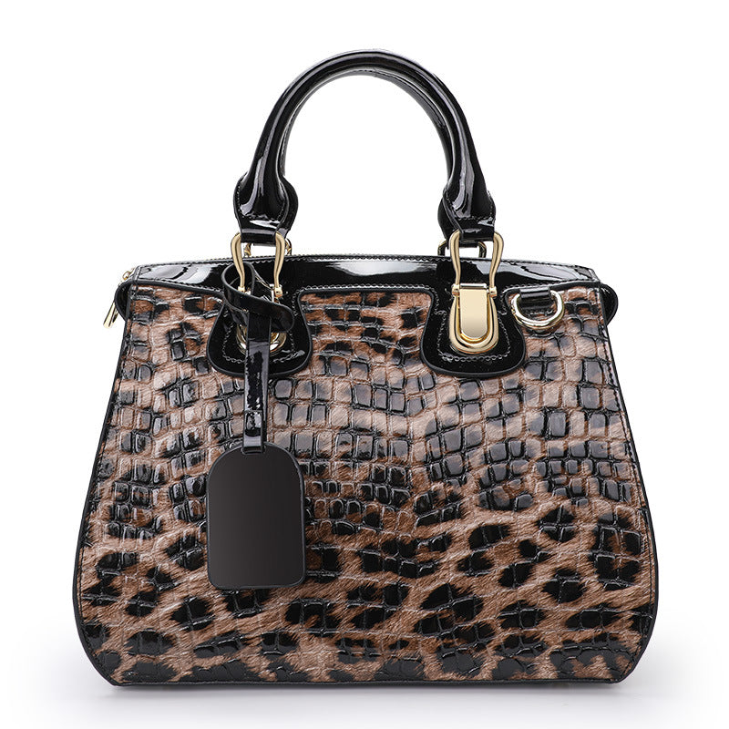 Leopard Print Structured Genuine Cowhide 3-in-1 Bag, Top Handle Shoulder Crossbody Handbag, Hard Shell Purse for Women