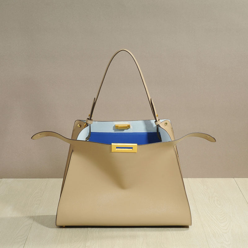 Premium Calfskin Leather Peekaboo Style Large Shoulder Tote Crossbody Handbag for Women, Top Handle Underarm Bag with X-Lite Design