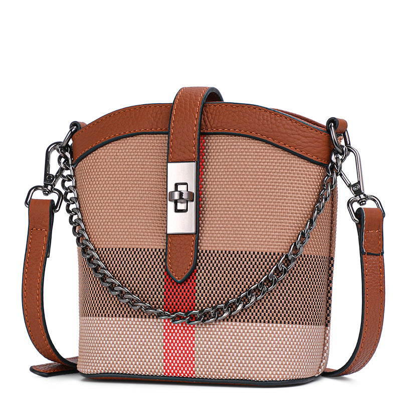 New Mini Bucket Phone Bag in Genuine Cowhide, Plaid European Style Small Crossbody Purse, Trendy Handbag for Women