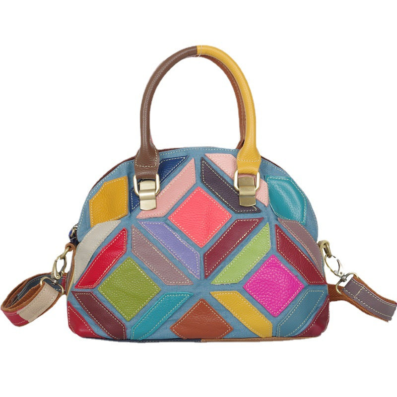 Genuine Cowhide Colorful Handmade Color Block Handbag for Women, New Arrival Casual Denim Style Shoulder Top Handle Purse, Trendy Designer Bag for Ladies