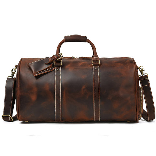20-Inch Vintage Crazy Horse Leather Travel Duffle, Large Capacity Gym Weekender, Premium Top Layer Cowhide Bag for Men