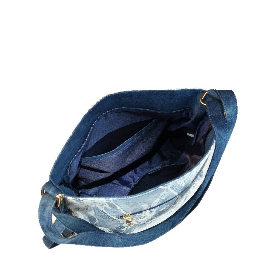 French Lace Rhinestone Denim Tote Bag for Women Large Capacity Drawstring Shoulder Crossbody Backpack, Versatile 3-in-1 Bag with Sparkling Embellishments