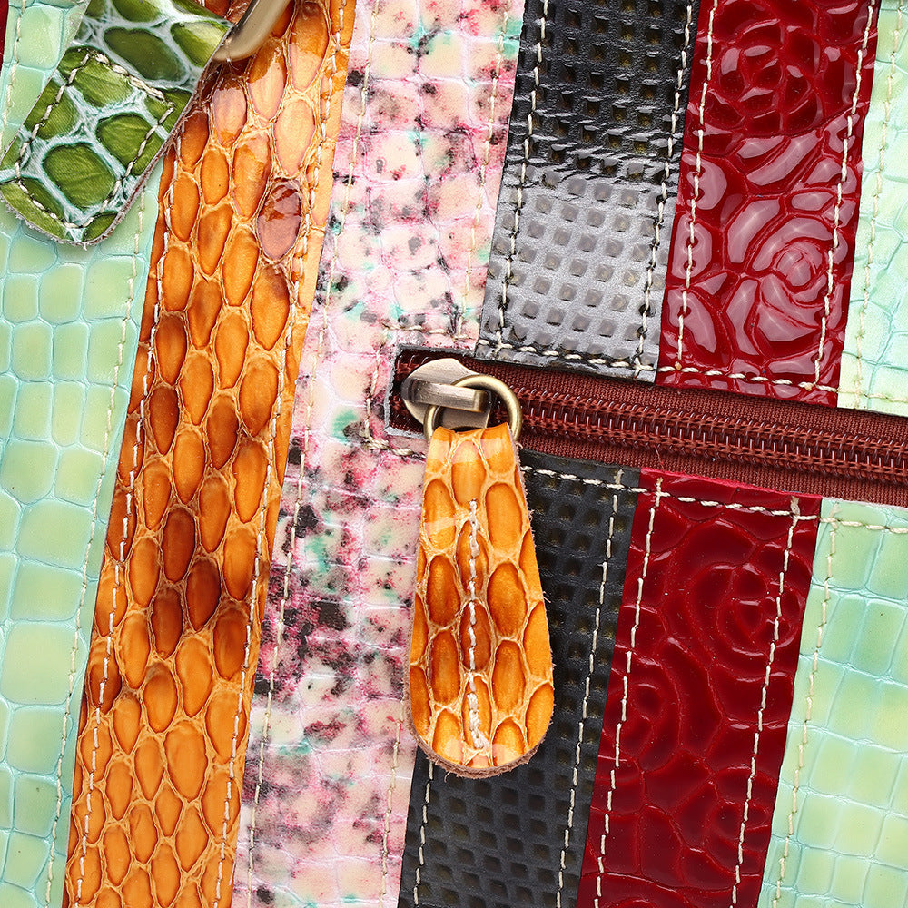 Genuine Leather Snakeskin Floral Color Block Handbag for Women, Trendy Rivet Decor Shoulder Top Handle Purse, Casual Versatile Everyday Bag