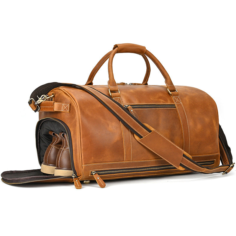 Crazy Horse Leather Large Capacity Travel Duffle with Shoe Compartment, Top Handle Shoulder Crossbody Bag, Premium Weekender for Men