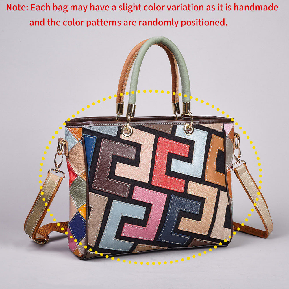 Colorful Patchwork Ethnic Style Genuine Leather Bag, Wholesale Trendy Shoulder Crossbody Top Handle Purse, Versatile Handbag for Women