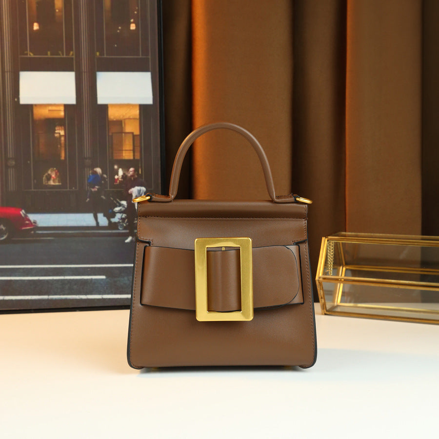 Korean Style Belt Buckle Square Bag for Women Minimalist Top Handle Shoulder Crossbody Purse, Versatile Elegant Handbag with Clean Modern Design