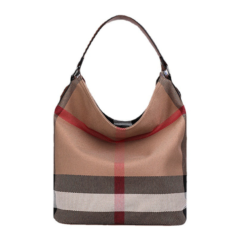 2026 New Premium Leather Trim Canvas Bucket Bag, Large Capacity Casual Shoulder Purse, Trendy Plaid Handbag for Women