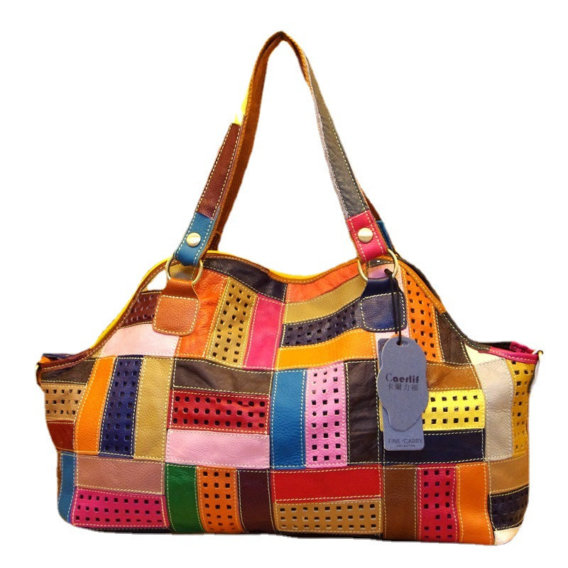 Genuine Cowhide Colorful Patchwork Handbag for Women, New Arrival European Style Unique Design Shoulder Crossbody Purse, Large Capacity Bag for Ladies