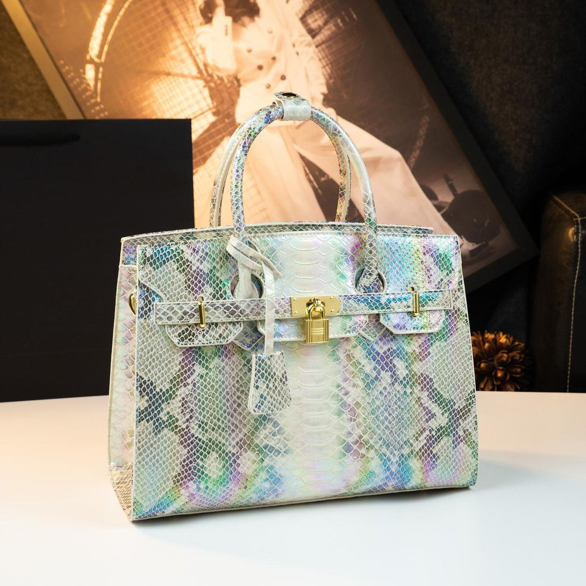 New Arrival Python-Embossed Birkin-Inspired Tote Bag for Women, Premium Genuine Leather Large Capacity Top-Handle Handbag with Luxurious Design, Trendy Everyday Purse