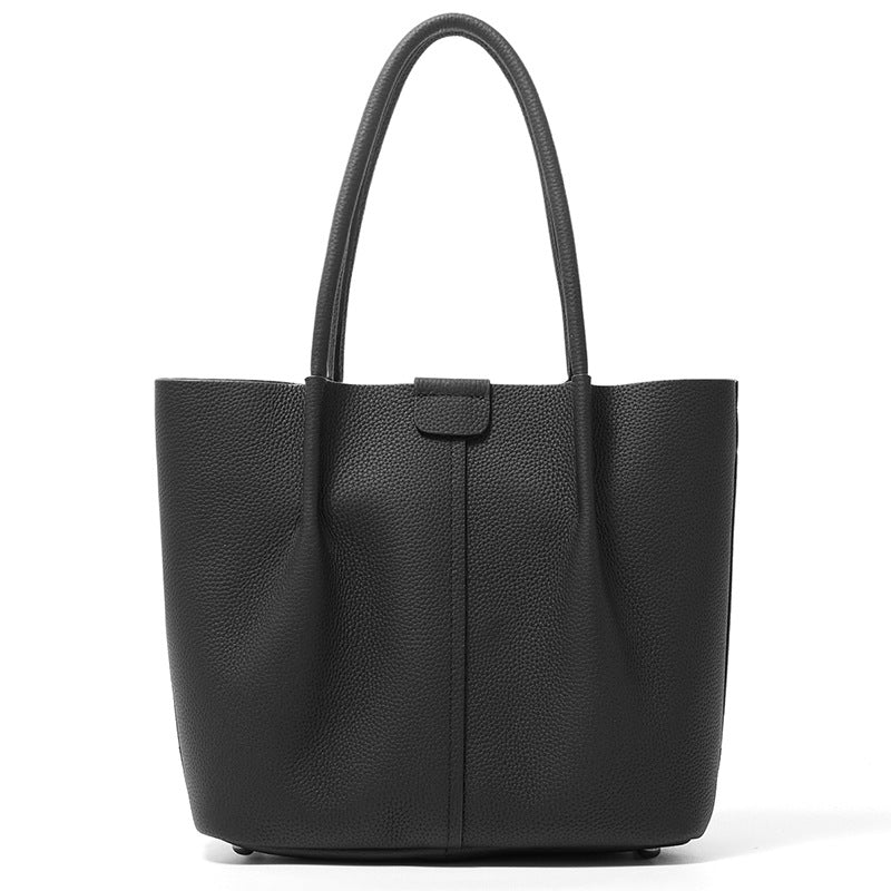 Top Layer Cowhide Bucket Tote Bag for Women Large Capacity Commuter Shoulder Handbag, Minimalist Bestselling Purse with Premium Leather Finish