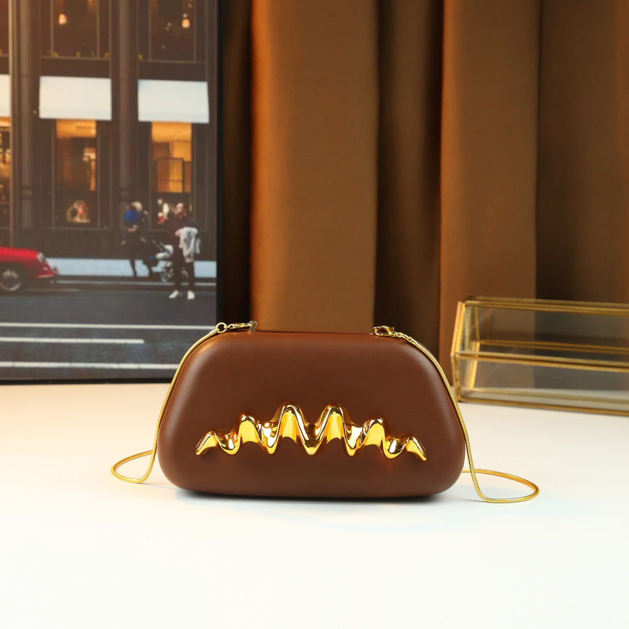 Wave Wristlet Clutch Bag for Women Evening Chain Crossbody Shoulder Purse with Metal Frame Clasp and Sculptural Wave Accent
