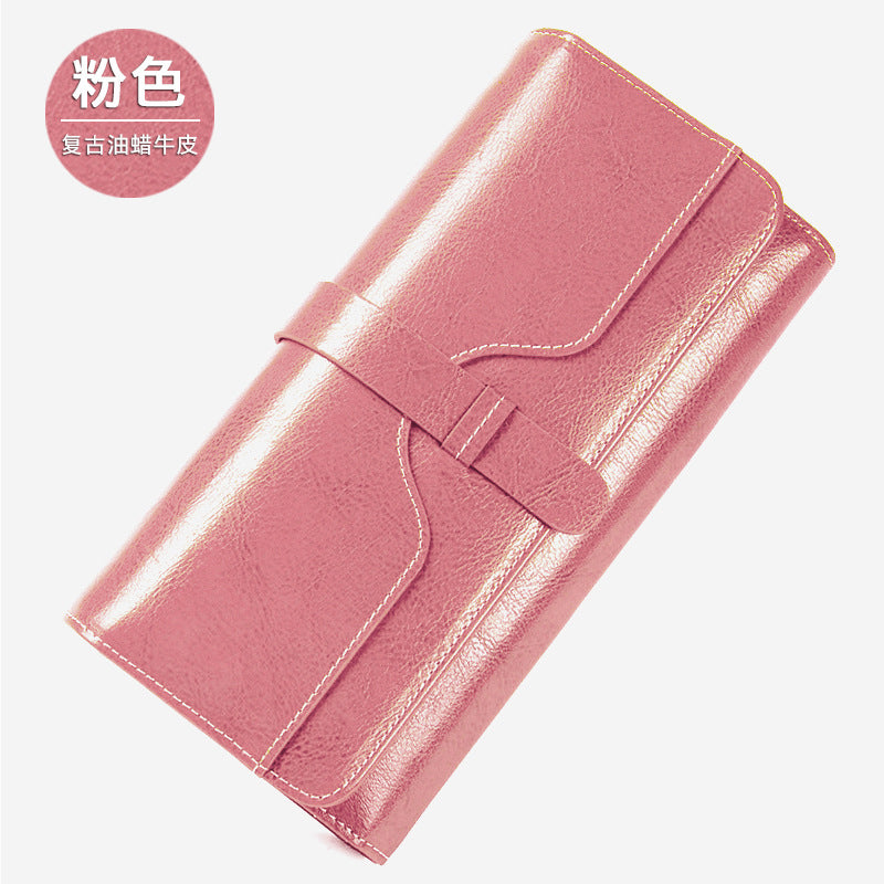 Genuine Cowhide Long Tri-Fold Wallet for Women, Snap Button Multi-Card Large Capacity Clutch Purse, Premium Leather Money Holder for Ladies