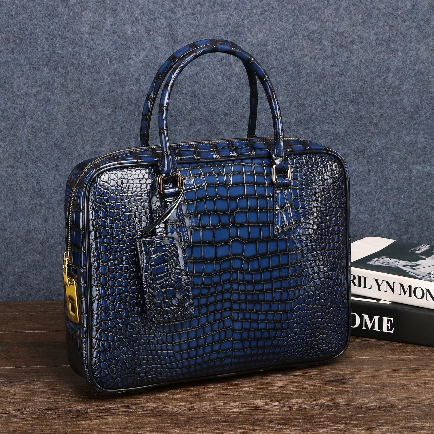 New Arrival Croc-Effect Large Briefcase with Smart Fingerprint Lock for Men, A Distressed Business Top-Handle Horizontal Bag with Trendy Design
