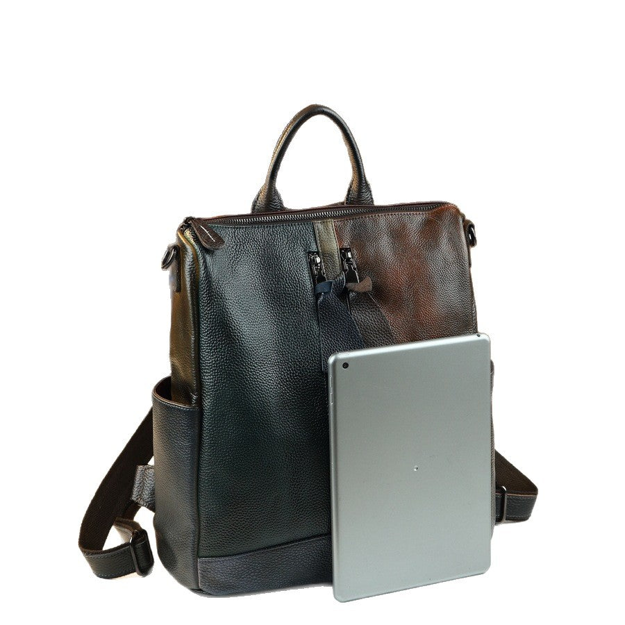 Color-Block Cowhide Backpack for Women Lightweight Travel Shoulder Handbag with Large Capacity and Versatile Casual Design