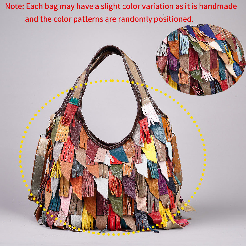 Genuine Leather Colorful Tassel Handbag for Women, Patchwork Design Crossbody Shoulder Bag, Trendy Fringe Tote Purse for Ladies