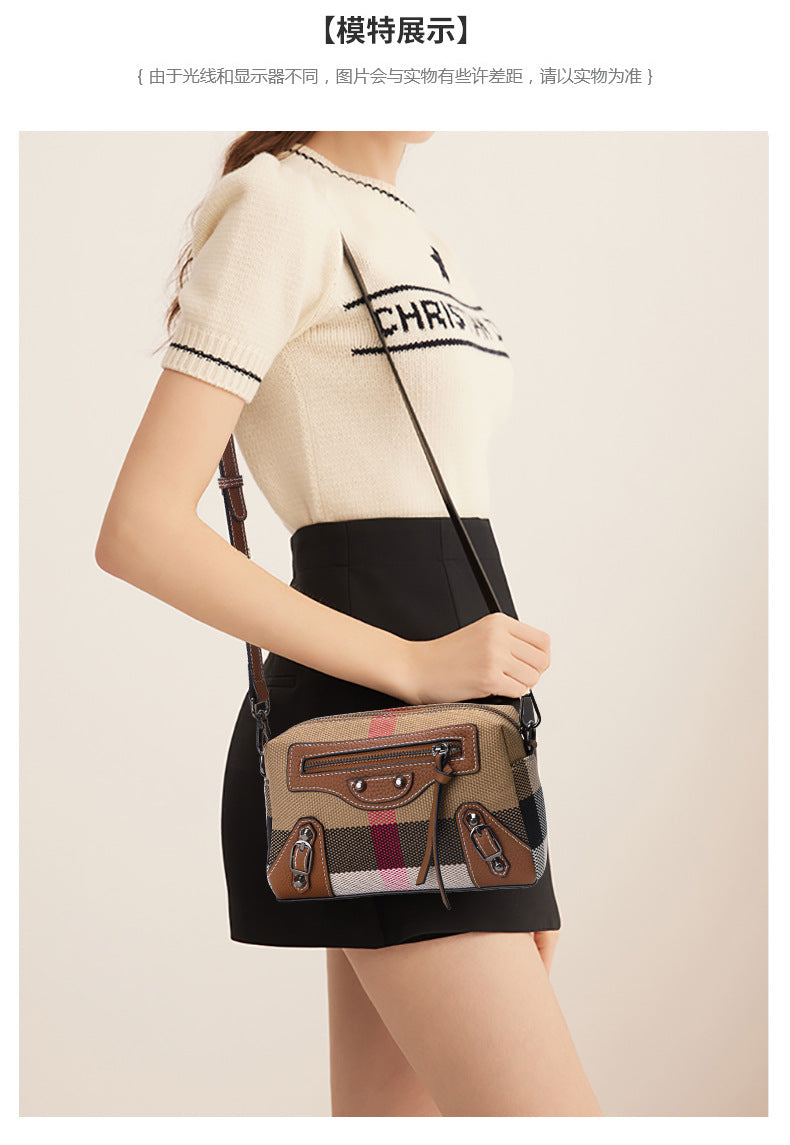 New Vintage Plaid Canvas & Leather Small Square Bag, Fashionable Versatile Crossbody Shoulder Purse, Retro Mini Handbag for Women