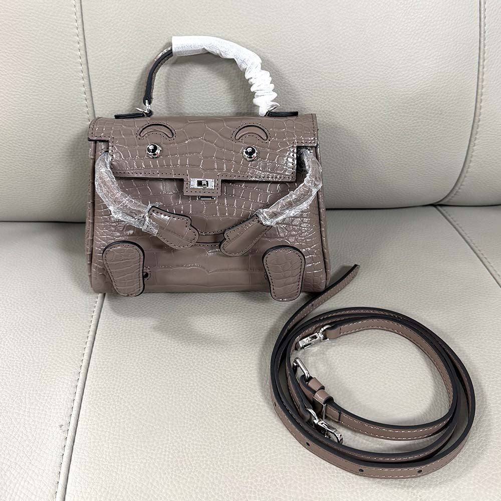 Genuine Leather Crocodile-Embossed Smiley Face Kelly-Style Bag for Women, New Millennium Doll Small Square Crossbody Shoulder Purse, Trendy Handbag for Ladies